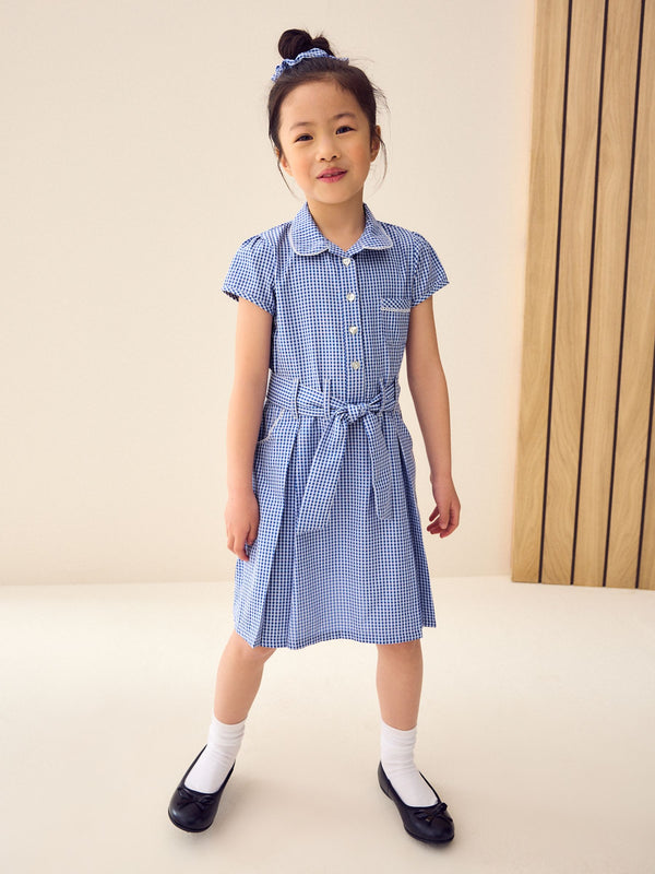 Mid Blue Gingham Cotton Rich Belted School Dress with Scrunchie (3-14yrs)