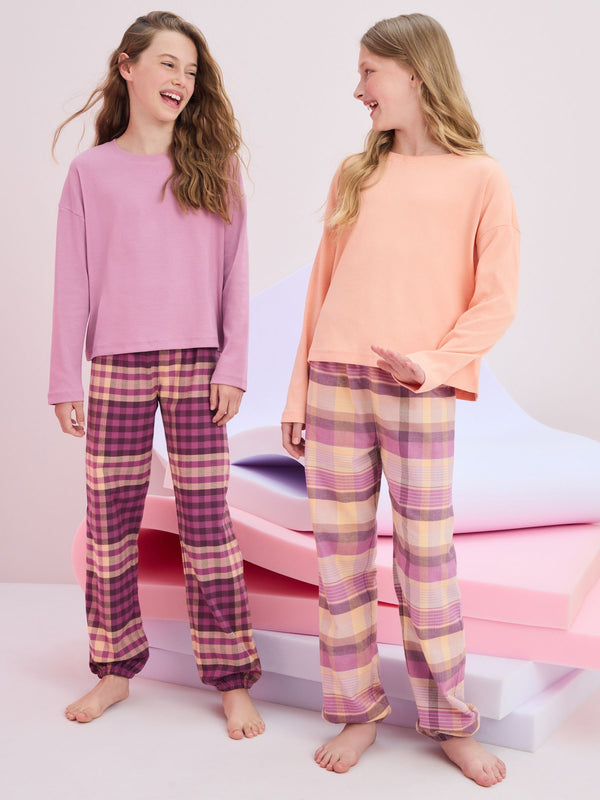 Lilac/Coral Woven Check Pyjamas 2 Pack (3-16yrs)