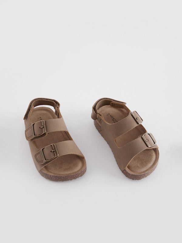 Stone Beige Wide Fit (G) Double Buckle Cushioned Footbed Sandals