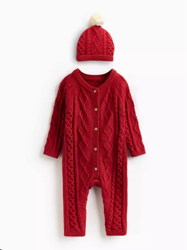 Christmas Dark Red Cable Knit Romper & Hat