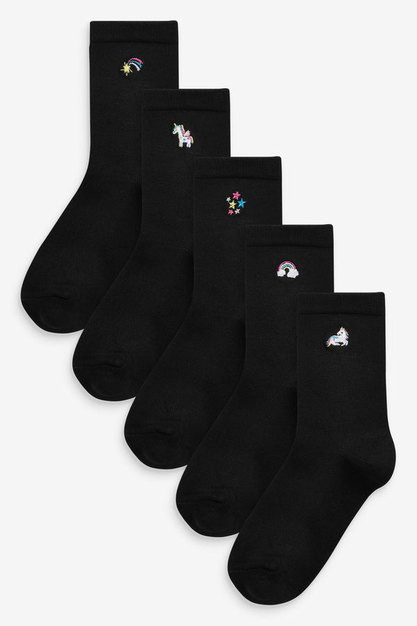 Black 5 Pack Bamboo Rich Unicorn Embroidered Ankle Socks