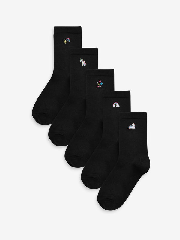 Black 5 Pack Unicorn Embroidered Ankle Socks