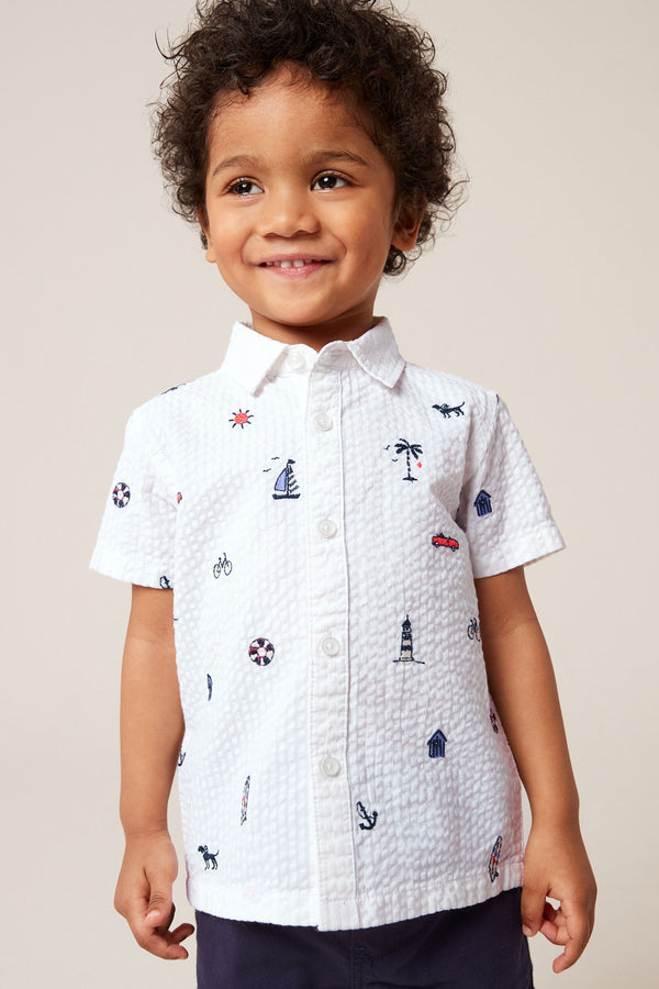 White 100% Cotton Short Sleeve All-Over Print Embroidered Shirt (3mths-7yrs)