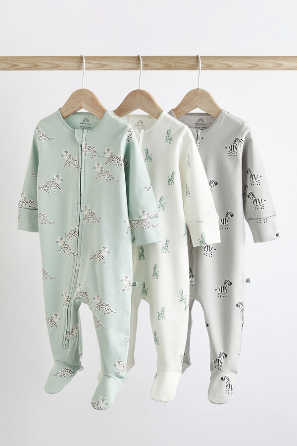 Green/Grey Baby 100% Cotton Sleepsuits 3 Pack (0-2yrs)