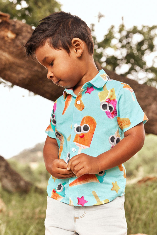 Blue Short Sleeve Printed Shirt (3mths-7yrs)