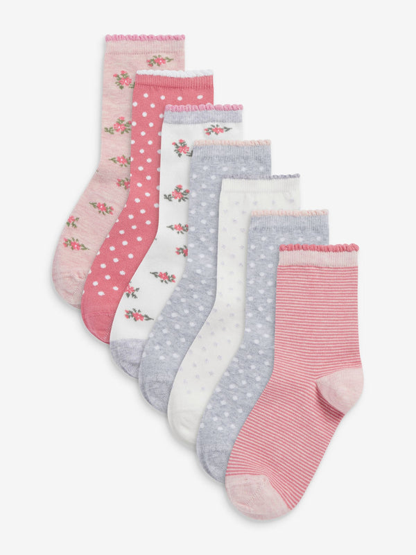 Pink 7 Pack Cotton Rich Pretty Ankle Socks
