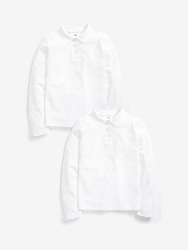 White 100% Cotton Long Sleeve School Polo Tops 2 Pack (3-16yrs)