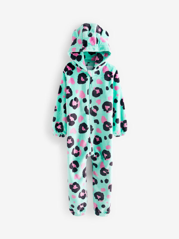 Turquoise Blue Animal Print Fleece All-In-One (3-12yrs)