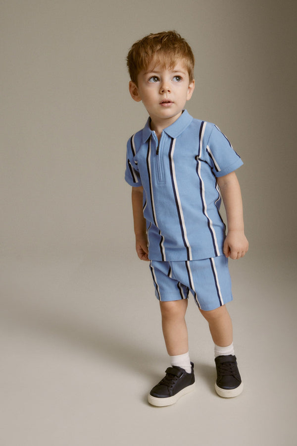 Blue Vertical Stripe Zip Polo Shirt and Shorts Set (3mths-7yrs)