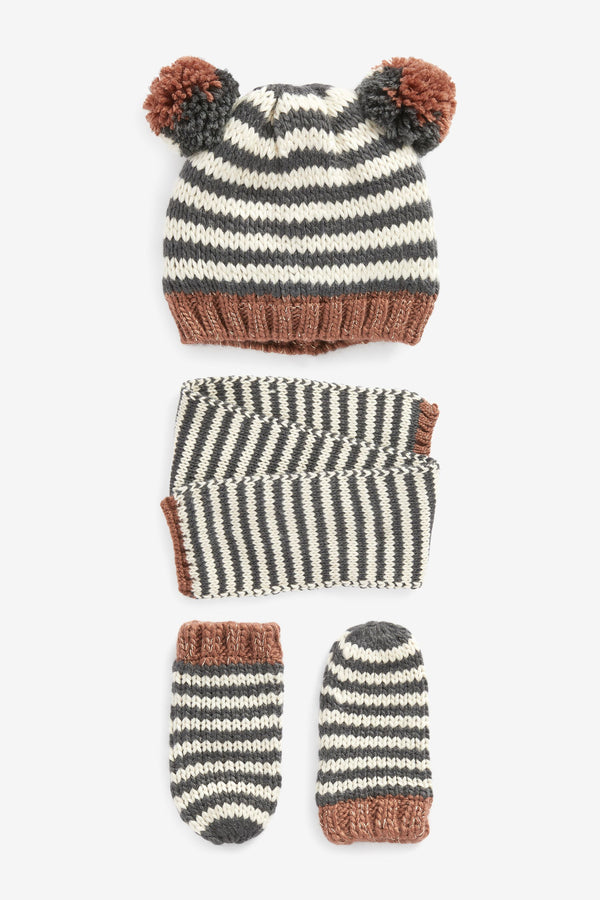 Neutral Stripe Pom Hat, Mitts And Scarf 3 Piece Set (3mths-6yrs)