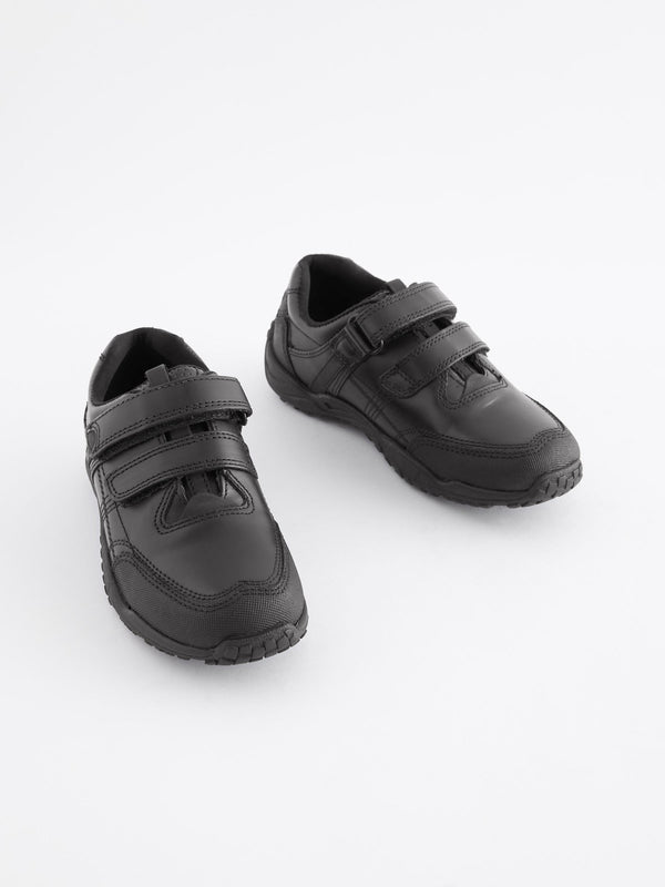 Black Extra Wide Fit (H) School Leather Double Strap Shoes