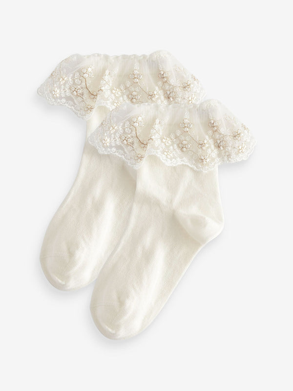 Cream 2 Pack Cotton Rich Flower Girl Ruffle Ankle Socks
