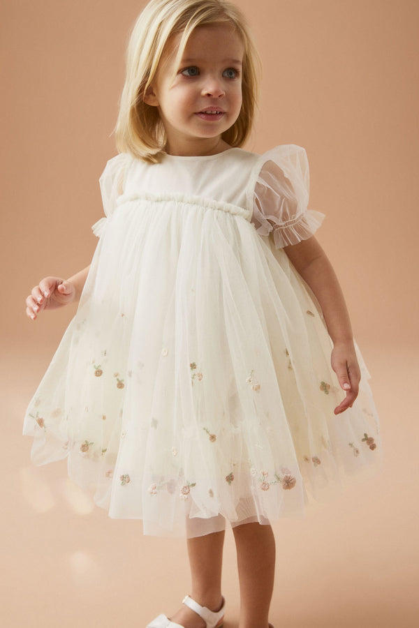 Cream Embroidered Mesh Party Dress (3mths-7yrs)