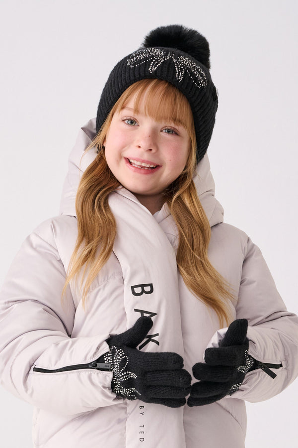 Baker by Ted Baker Girls Knitted Diamante Black Pom Hat And Gloves Set