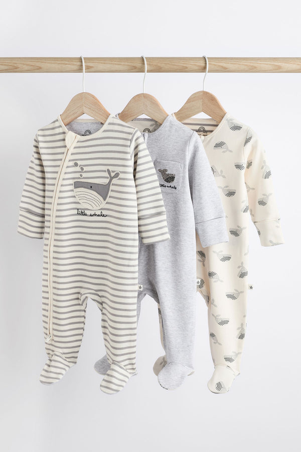 Grey Whale Baby 2 Way Zip Sleepsuits 3 Pack (0mths-2yrs)