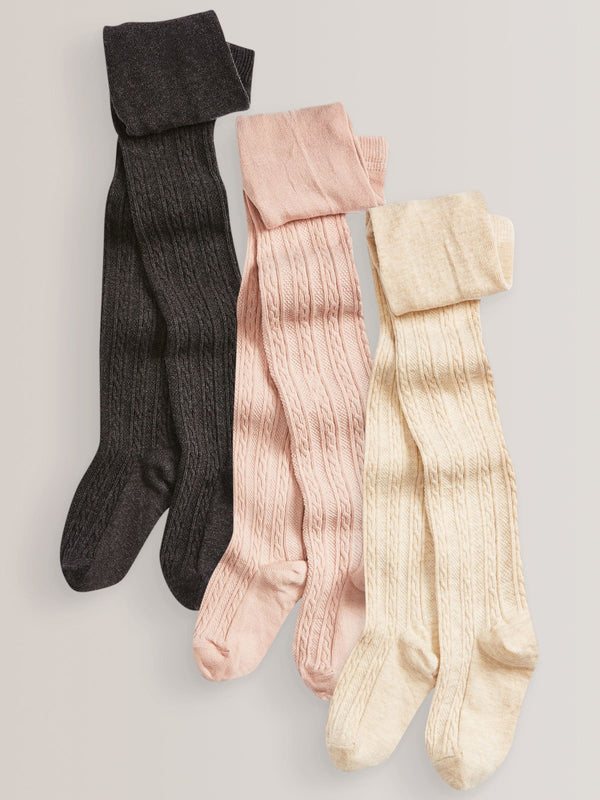 Charcoal Grey/Pink/Cream Regular Length 3 Pack Cotton Rich Cable Tights