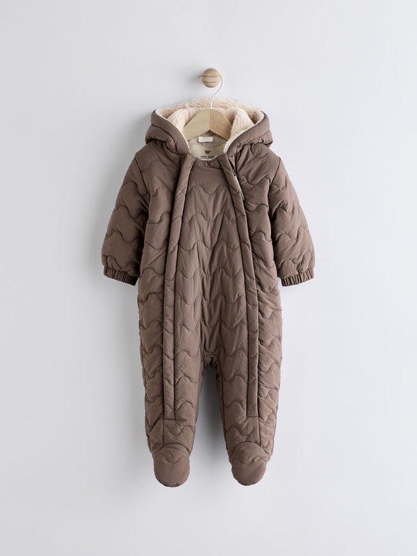 Mink Brown Baby Quilted Fleece Zip Lined Hooded All-In-One Pramsuit (0-18mths)