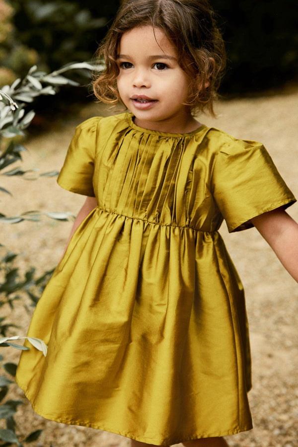 Olive Green Pleat Detail Short Sleeve Taffeta Dress (3mths-10yrs)