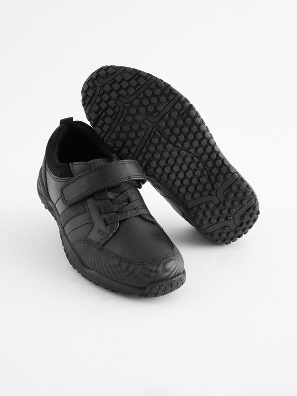 Black Extra Wide Fit (H) School Leather Elastic Lace Shoes