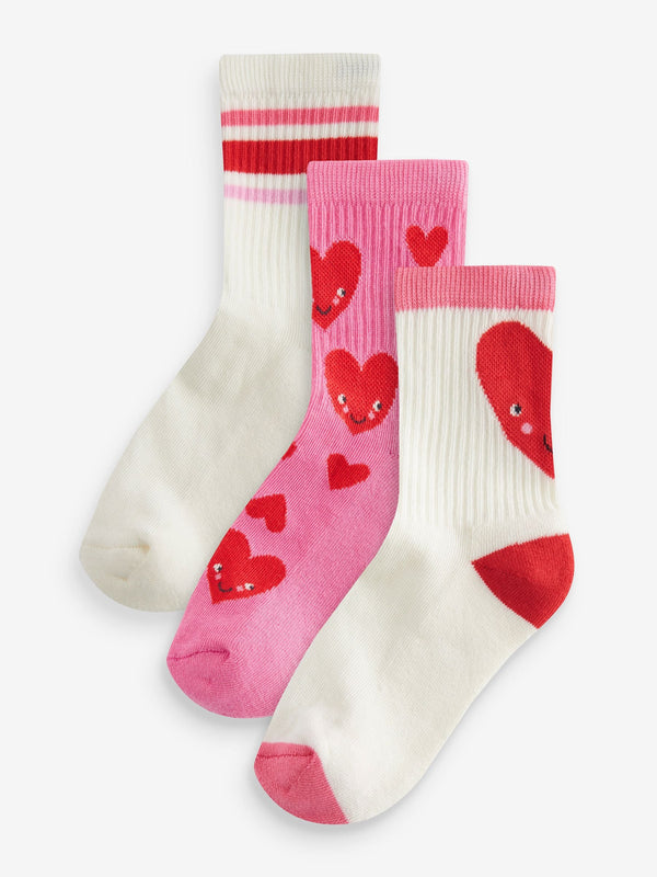 Pink/White Heart Regular Length Cotton Rich Cushioned Sole Ankle Socks 3 Pack