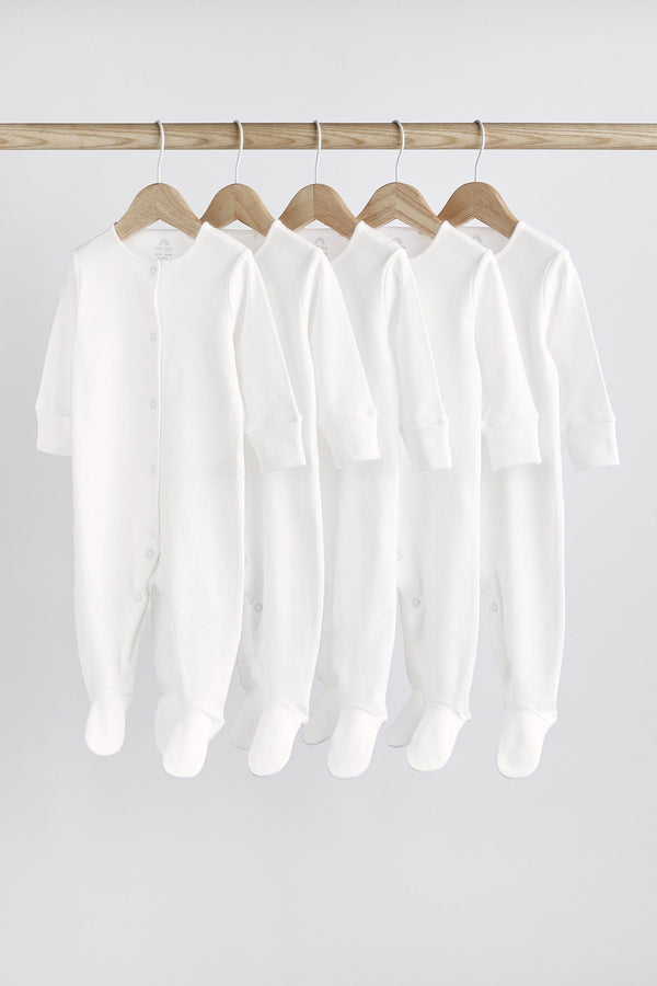 White 5 Pack Baby 100% Cotton Sleepsuits (0-18mths)