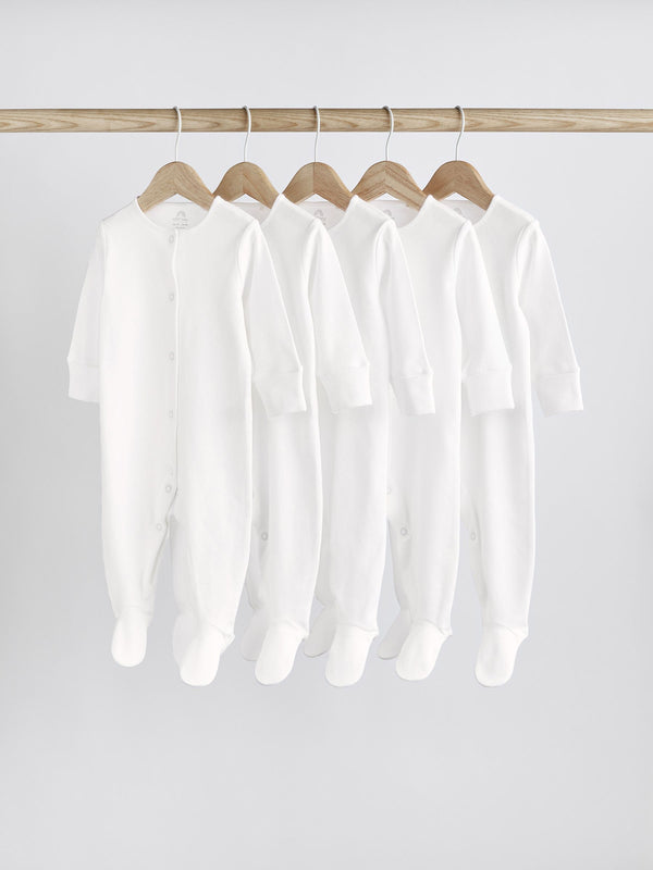White 5 Pack 100% Cotton Baby Sleepsuits (0-18mths)