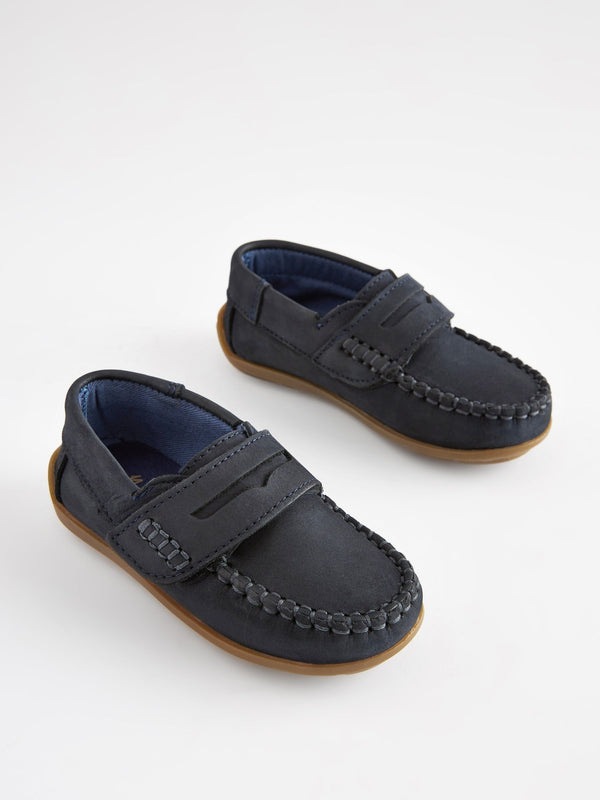 Navy Wide Fit (G) Leather Penny Loafers with Touch and Close Fastening