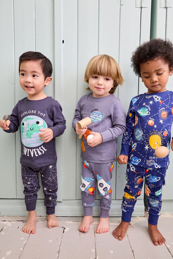 Copy Navy/Grey Space 3 Pack Smiley Face Snuggle Pyjamas