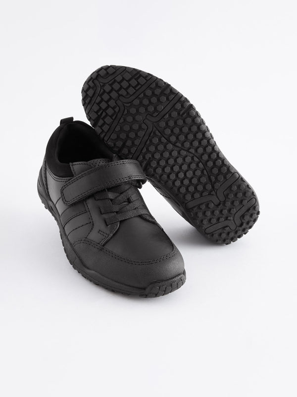 Black Narrow Fit (E) School Leather Elastic Lace Shoes