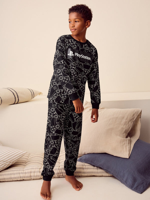 Black/White Playstation Single Long Leg Sleeve Pyjamas (3-16yrs)