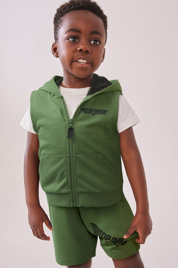 Khaki Green Top Gun Hooded 100% Cotton Gilet and Shorts Set (3mths-8yrs)