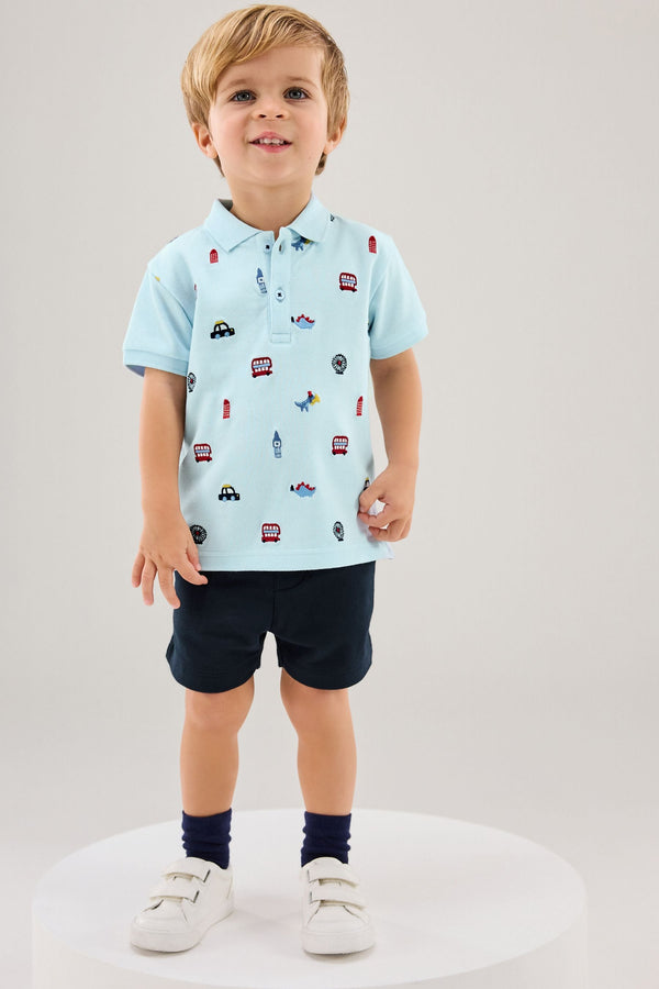 Blue All Over Printed Polo Shirt And Shorts Set (3mths-7yrs)