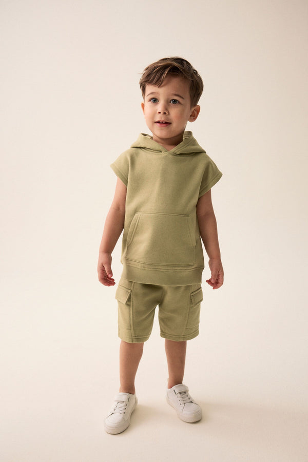 Khaki Green Short Sleeve Utility Hoodie and Shorts Set (3mths-7yrs)