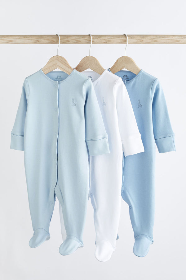 Blue/White 3 Pack Baby 100% Cotton Sleepsuits (0-2yrs)