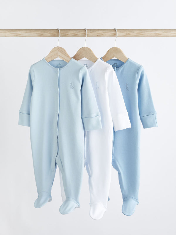 Blue/White 3 Pack Baby 100% Cotton Sleepsuits (0-2yrs)