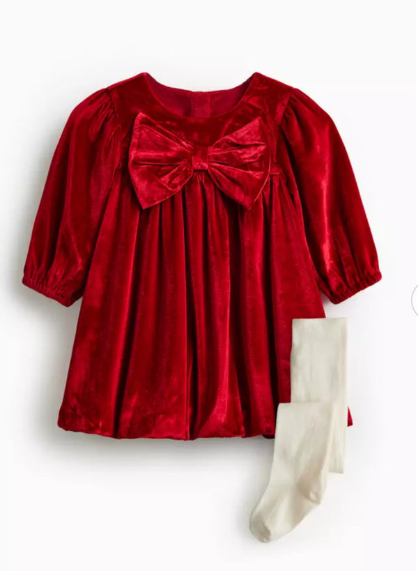 Tu Christmas Red Bow Velour Dress & Tights Set