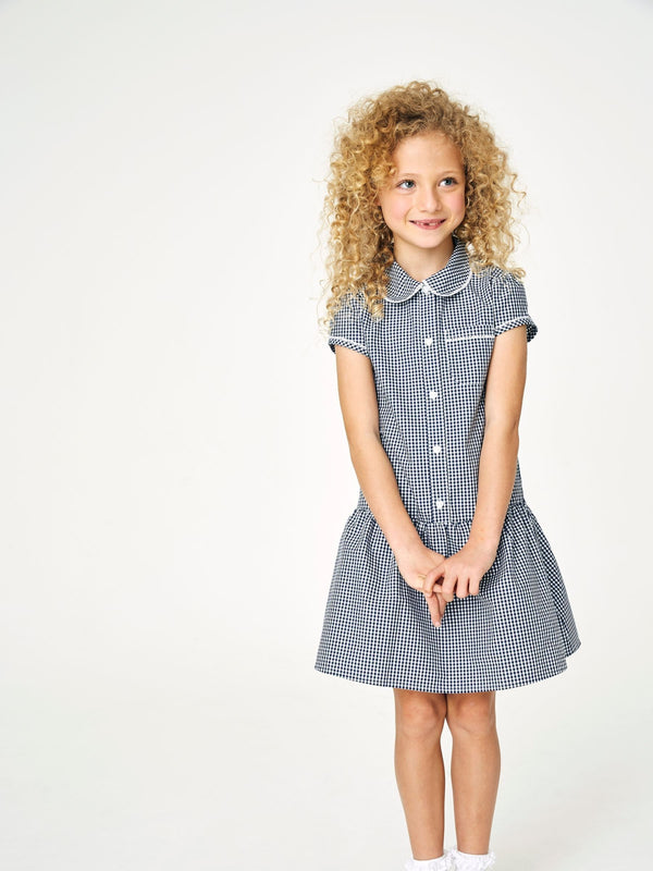 Navy Cotton Rich Drop Waist Gingham School Dress (3-14yrs)