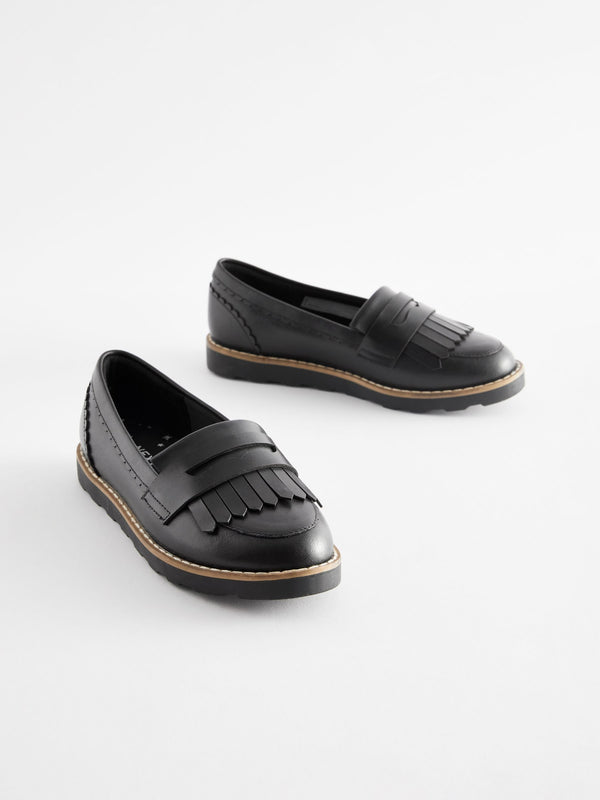 Black Leather Tassel Loafer School Shoes
