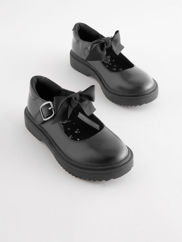 Matt Black Wide Fit (G) Leather Bow Chunky Mary Jane School Shoes