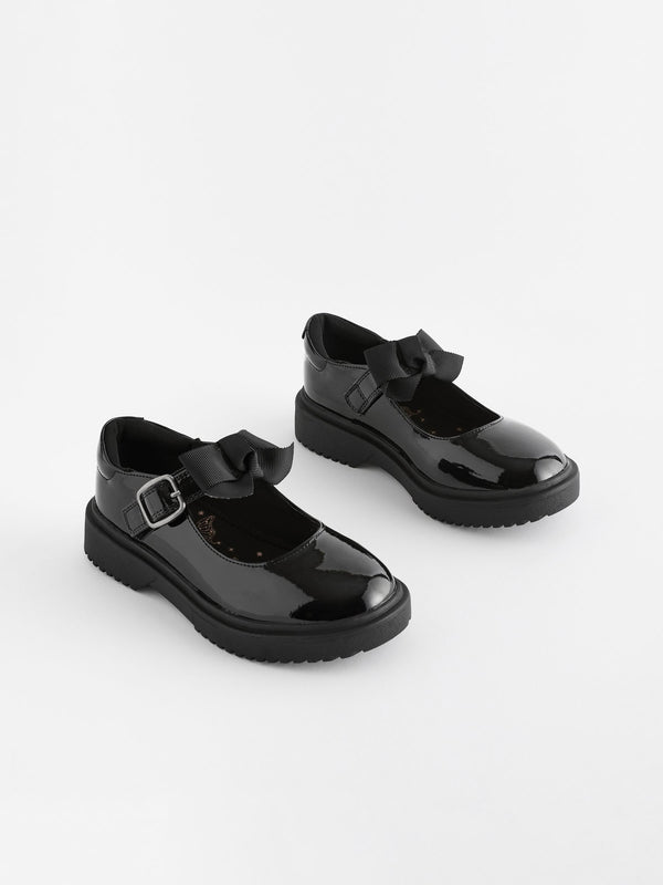 Black Patent Wide Fit (G) Bow Chunky Mary Jane School Shoes