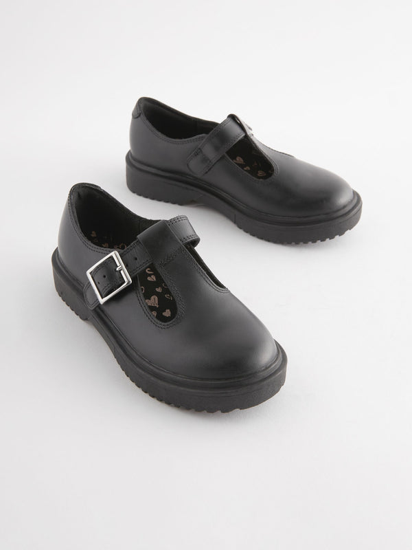 Matt Black Leather T-Bar Chunky School Shoes