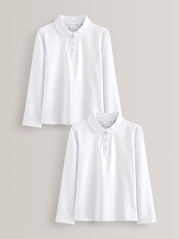 White Cotton stretch Long Sleeve Frill Collar School Polo Tops 2 Pack (3-14yrs)