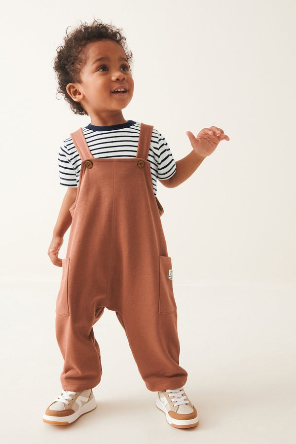 Tan Brown Long Leg Jersey Dungarees And T-Shirt Set