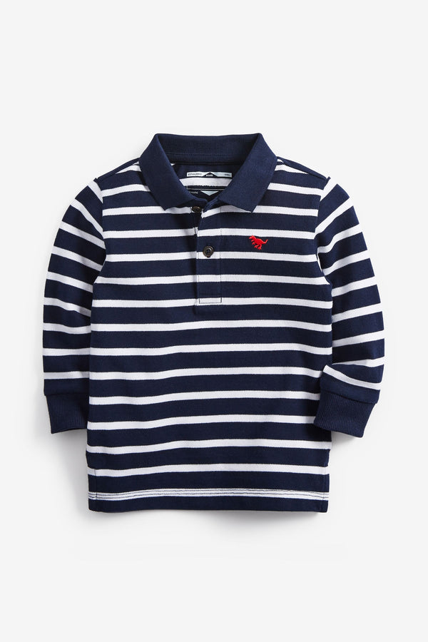 Navy/White Stripe 100% Cotton Long Sleeve Stripe Polo Shirt (3mths-7yrs)