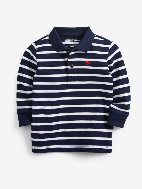 Navy/White Stripe 100% Cotton Long Sleeve Stripe Polo Shirt (3mths-7yrs)