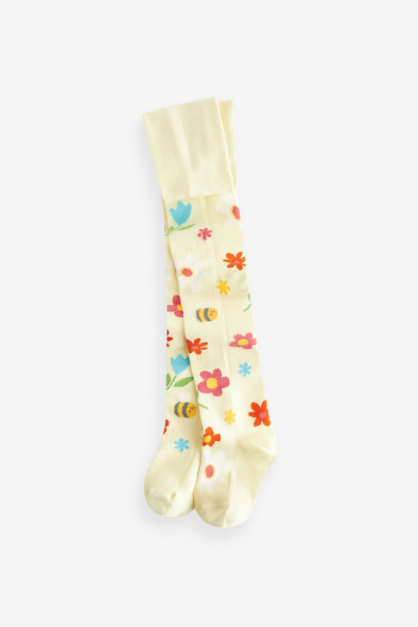 Yellow Cotton Rich Bee Floral Tights