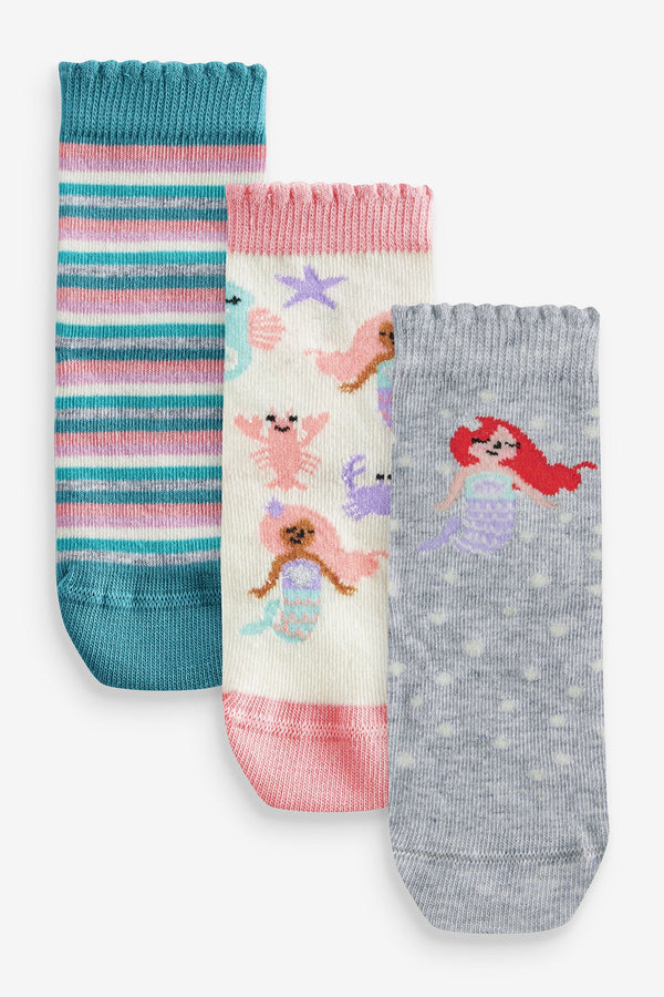 Pink/Grey 3 Pack Cotton Rich Mermaid Character Ankle Socks