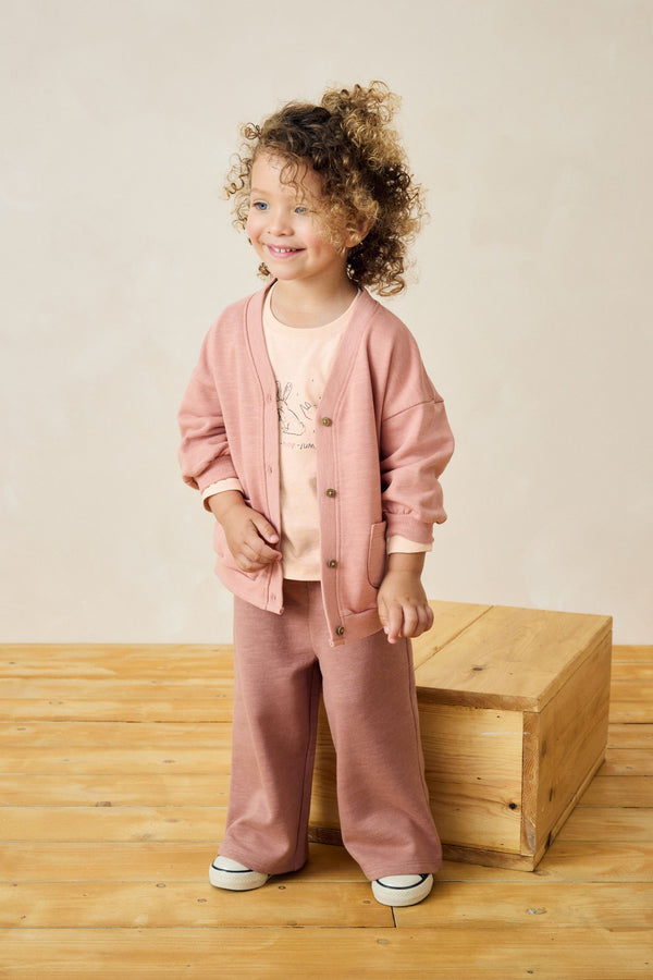 Pink 100% Cotton Long Sleeve Cardigan And Wide Trousers Set (3mths-7yrs)