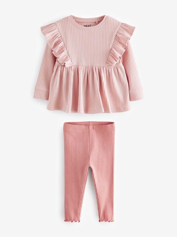 Pink Brushed Ribbed Long Sleeve T-Shirt and Leggings Set (3mths-7yrs)