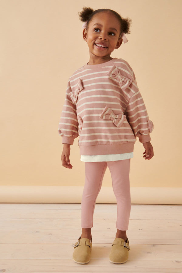 Pink Stripped Padded Bows 100% Cotton Long Sleeve Collar Top and Leggings Set (3mths-7yrs)